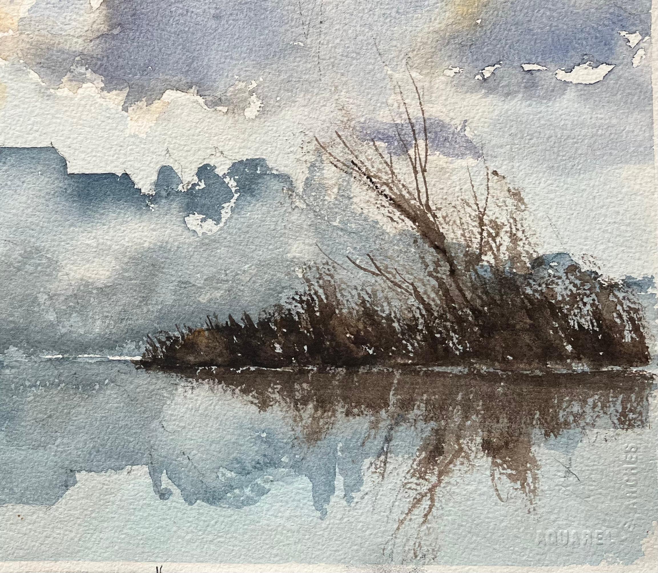 Acuarela impresionista británica de un río brumoso y silueta de aguja - Landscape Painting Gris de Anthony Avery