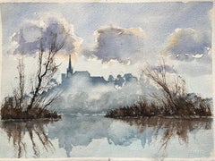 Britisches impressionistisches Aquarell eines Misty River und Spire-Silhouette, British Impressionismus
