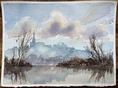 British Impressionist Watercolor of a Misty River Scene with a Distant Spire