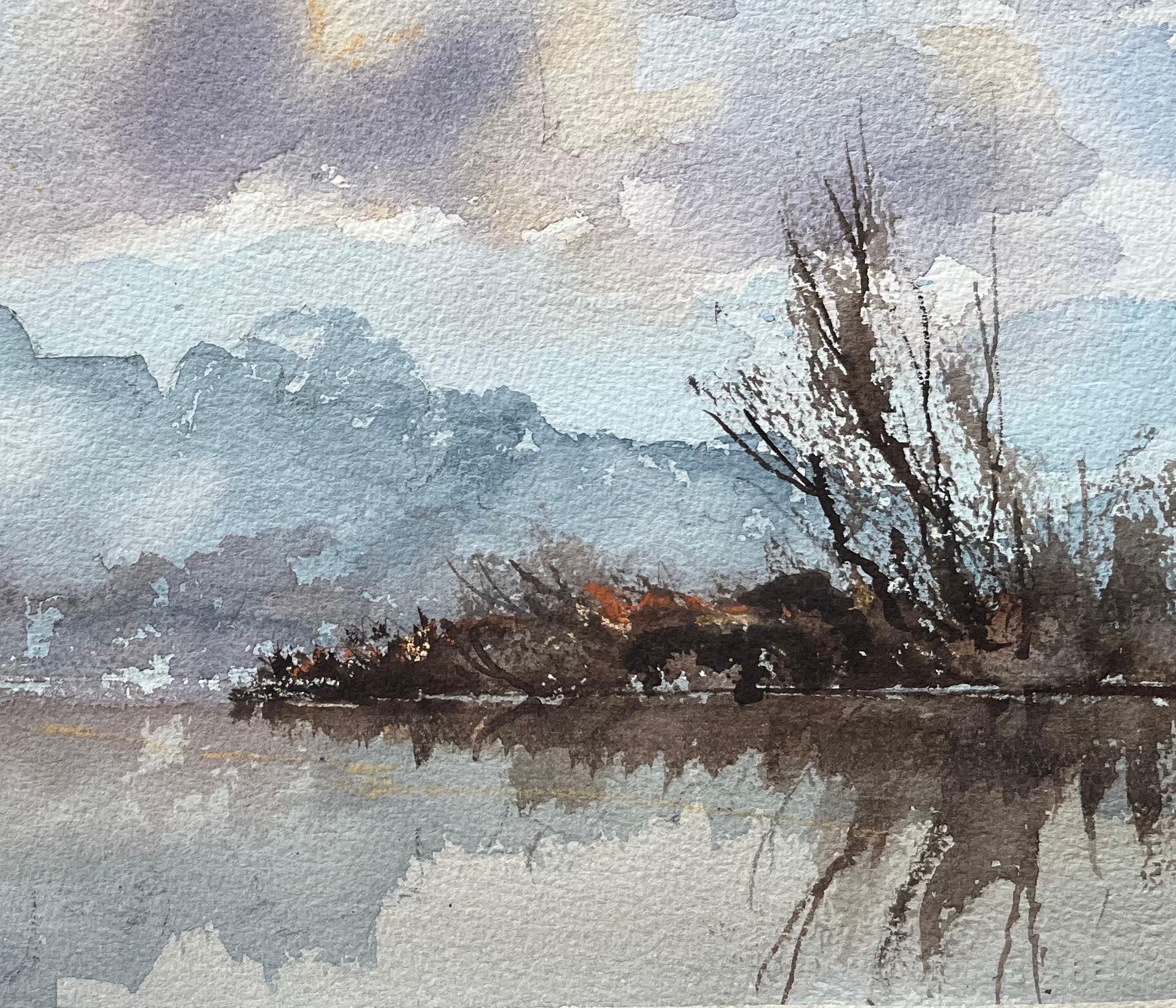 Britischer Impressionist Aquarell einer nebligen Flussszene mit einer entfernten Turmspitze (Impressionismus), Painting, von Anthony Avery