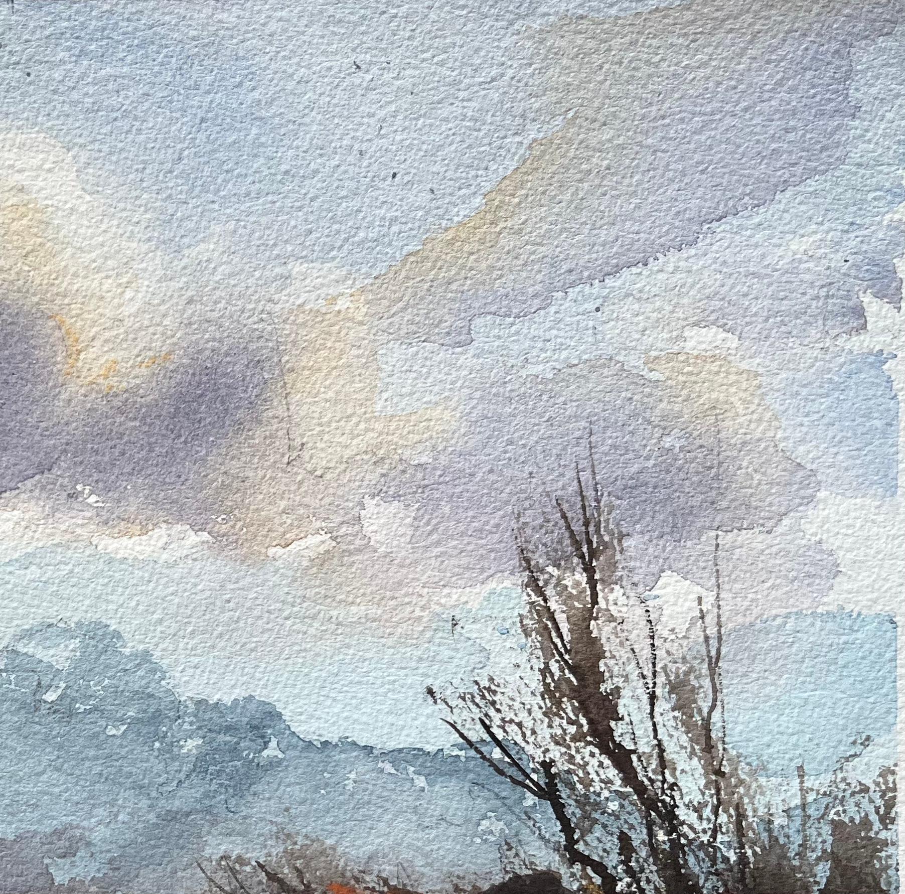 Britischer Impressionist Aquarell einer nebligen Flussszene mit einer entfernten Turmspitze (Grau), Landscape Painting, von Anthony Avery