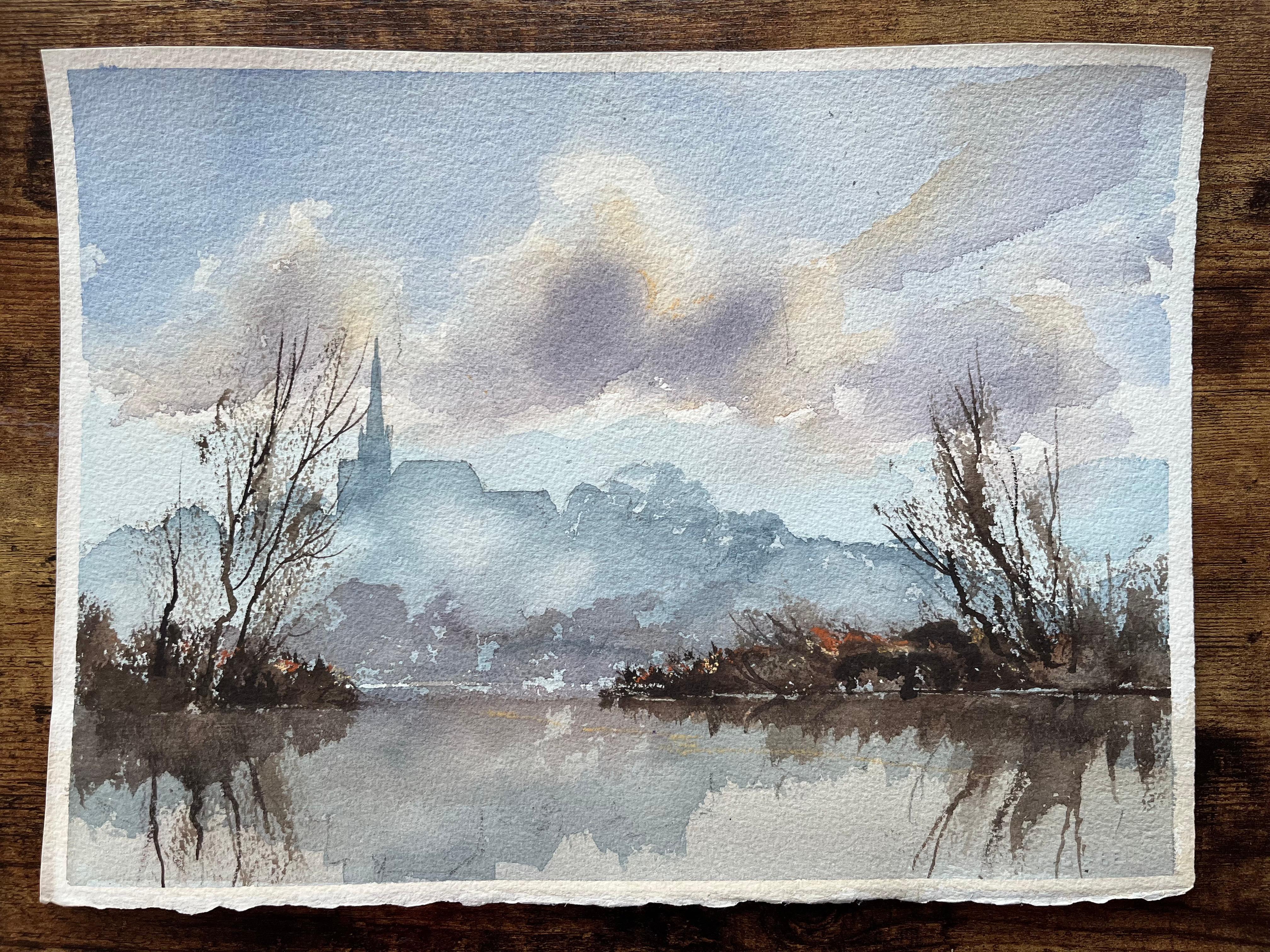 Britischer Impressionist Aquarell einer nebligen Flussszene mit einer entfernten Turmspitze im Angebot 1