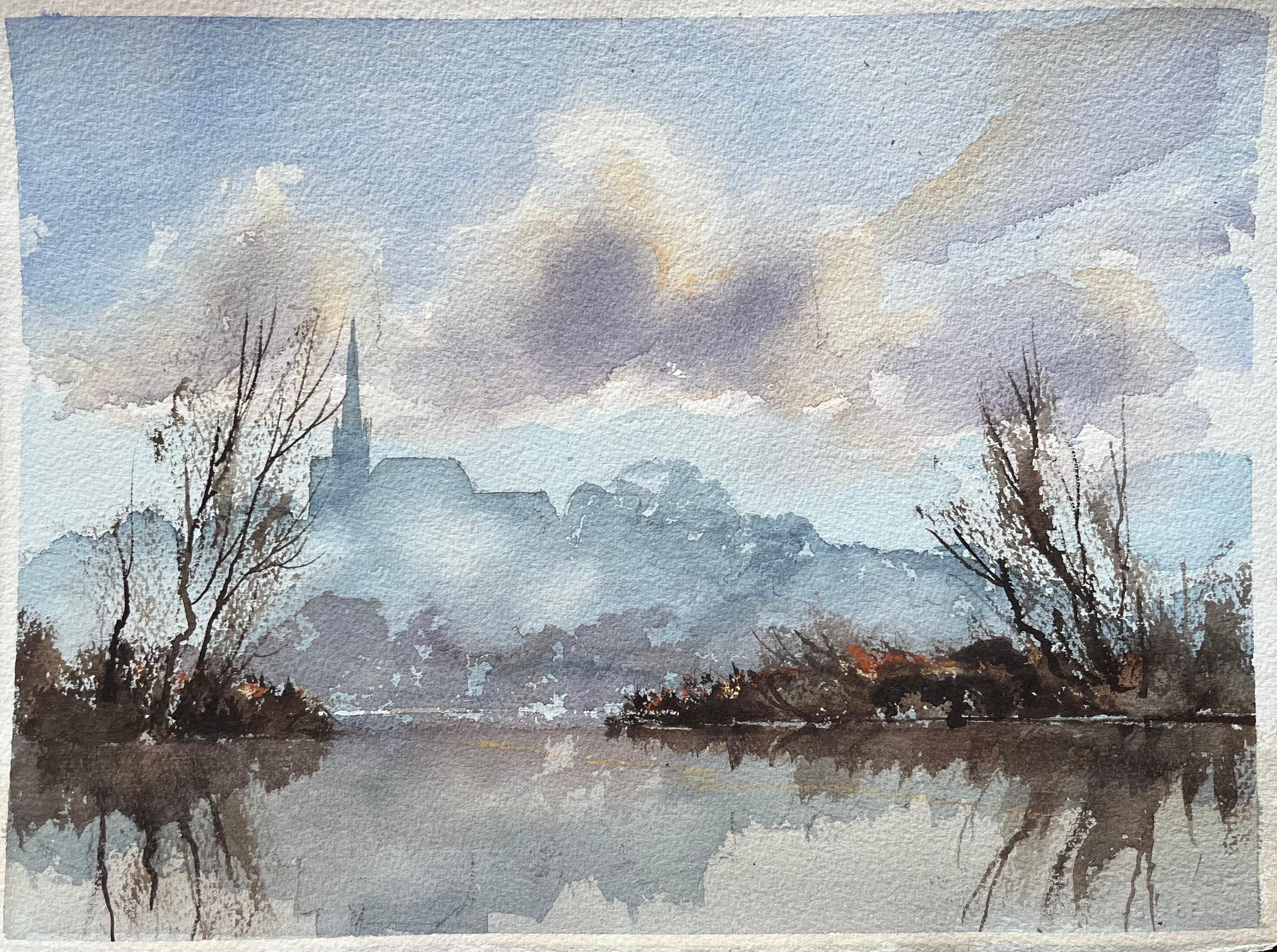 Britischer Impressionist Aquarell einer nebligen Flussszene mit einer entfernten Turmspitze