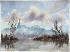Britischer Impressionist Aquarell einer nebligen Flussszene mit einer entfernten Turmspitze