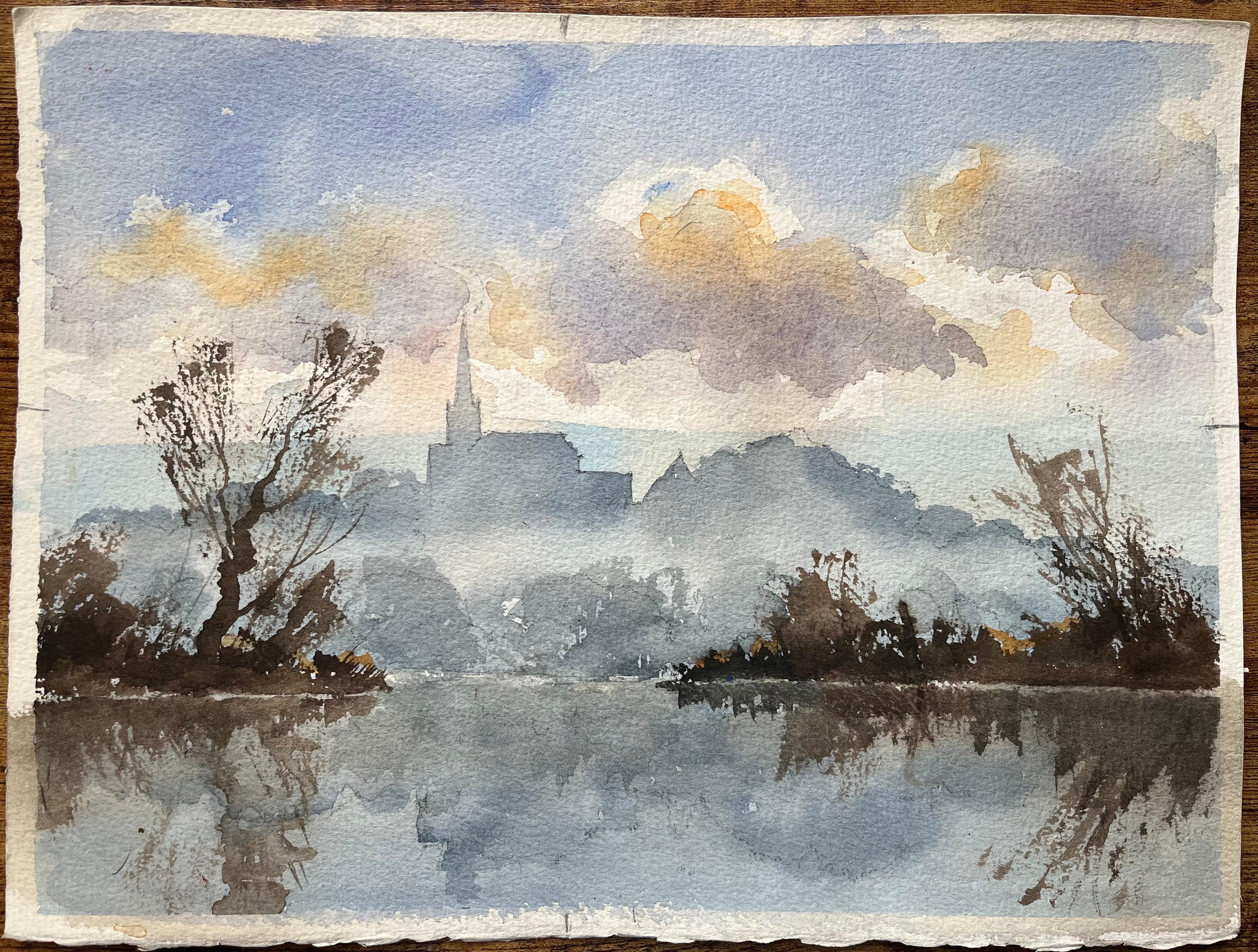 Acuarela impresionista británica de un río brumoso con la aguja de una iglesia - Painting de Anthony Avery