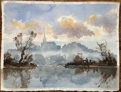 British Impressionist Watercolor of a Misty River with Church Spire