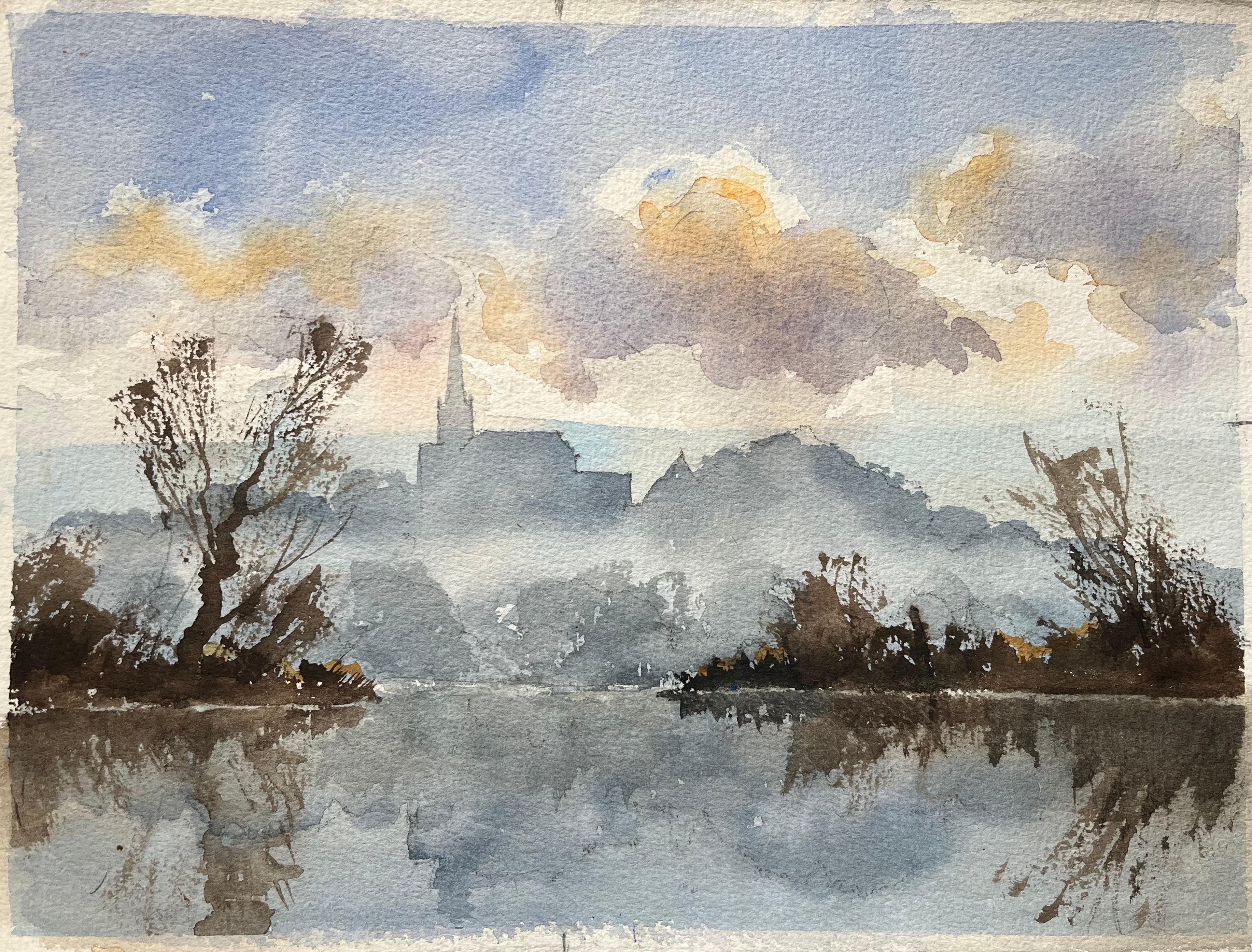 Landscape Painting de Anthony Avery - Acuarela impresionista británica de un río brumoso con la aguja de una iglesia