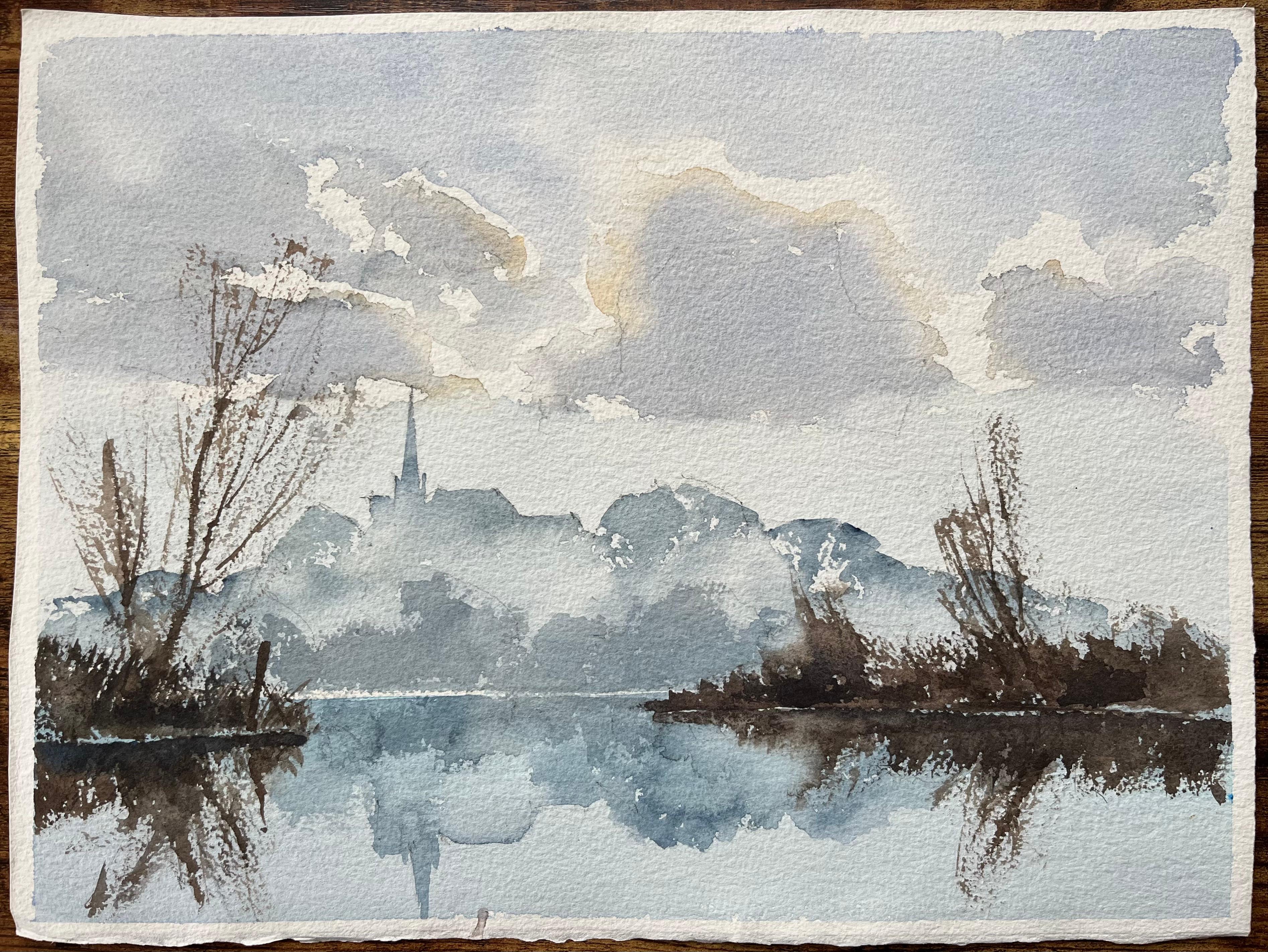 Britisches impressionistisches Aquarell einer Misty Riverside mit Kirchenschleife, British Impressionismus – Painting von Anthony Avery
