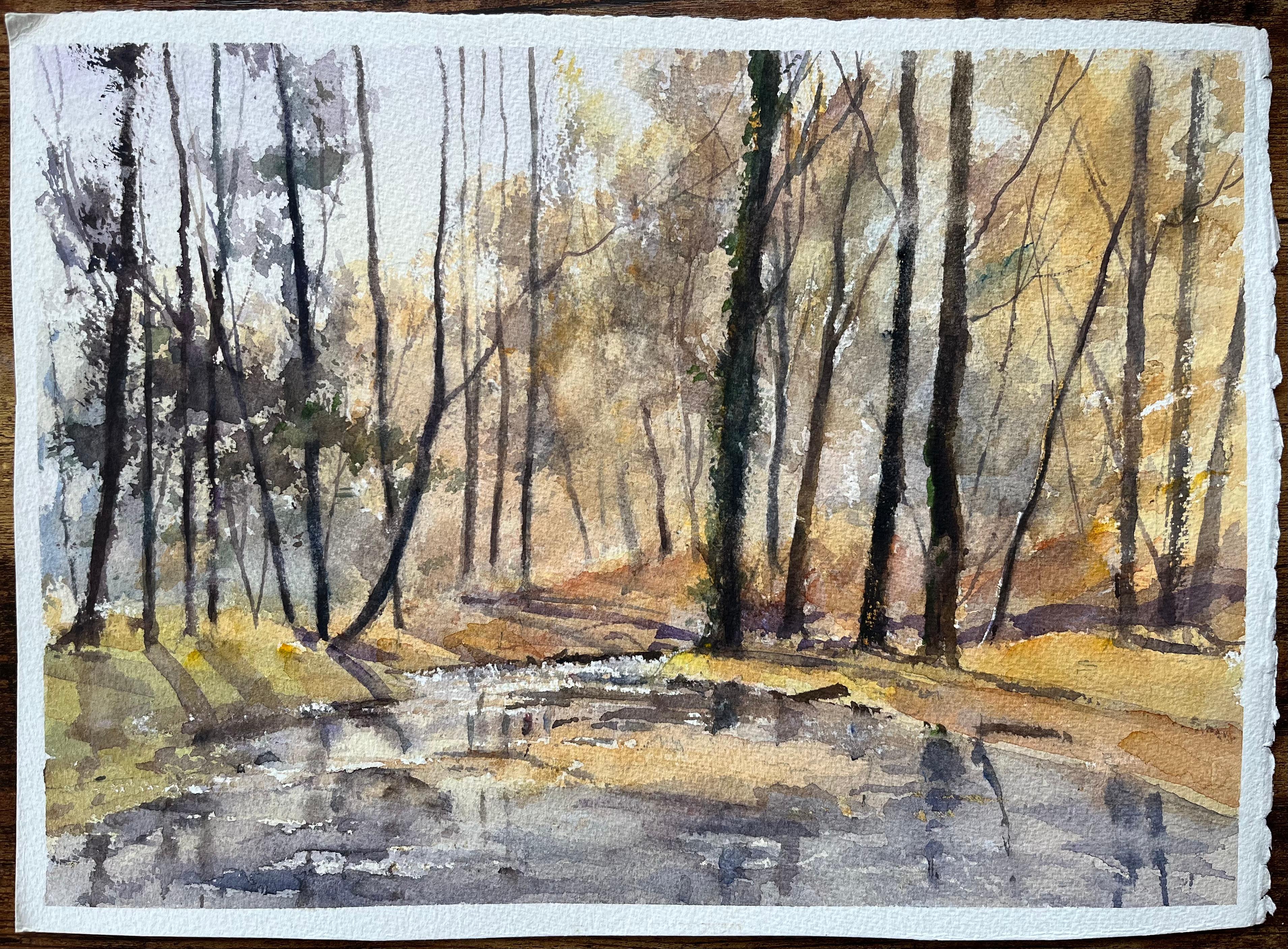 Britisches impressionistisches Aquarell einer Misty Riverside mit Kirchenschleife, British Impressionismus – Painting von Anthony Avery