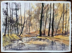 British Impressionist Watercolor of a Misty Riverside with Church Spire