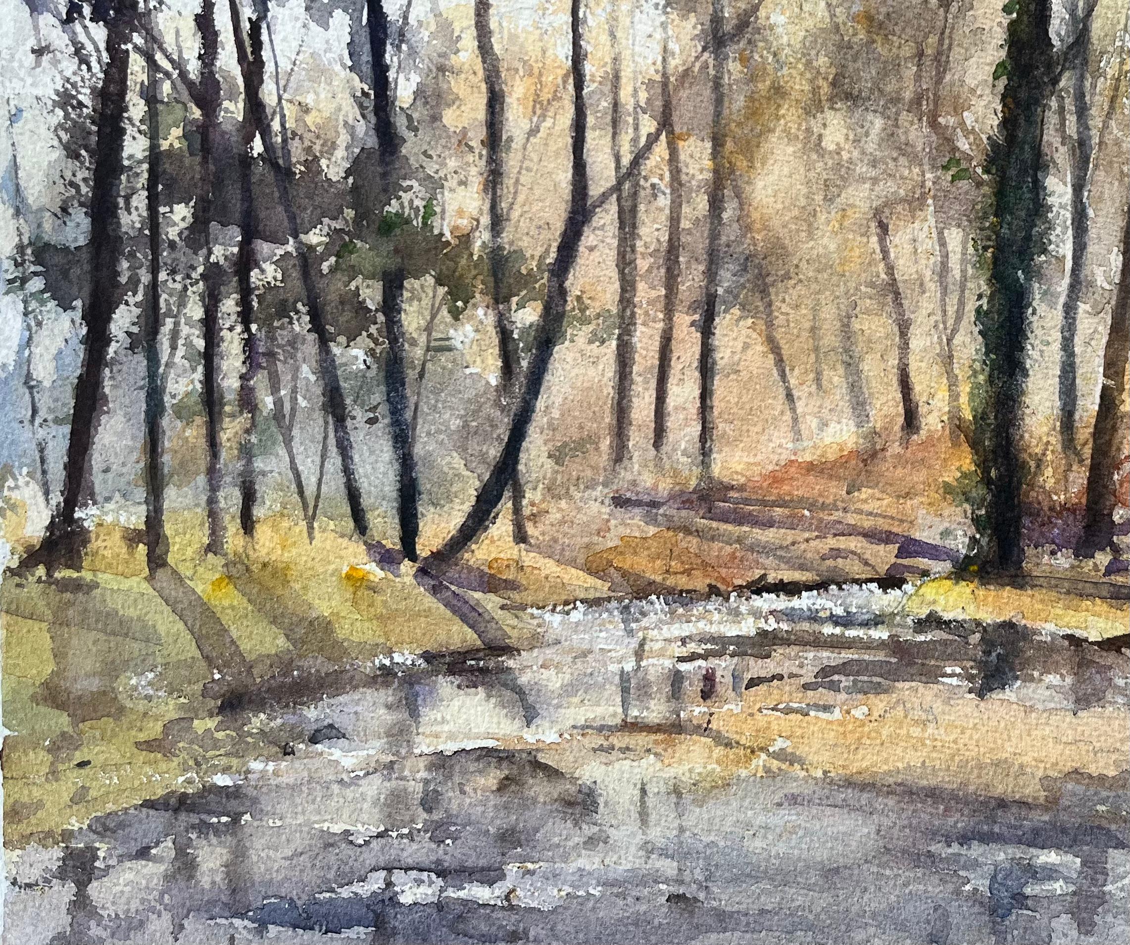 Britisches impressionistisches Aquarell einer Misty Riverside mit Kirchenschleife, British Impressionismus (Grau), Landscape Painting, von Anthony Avery