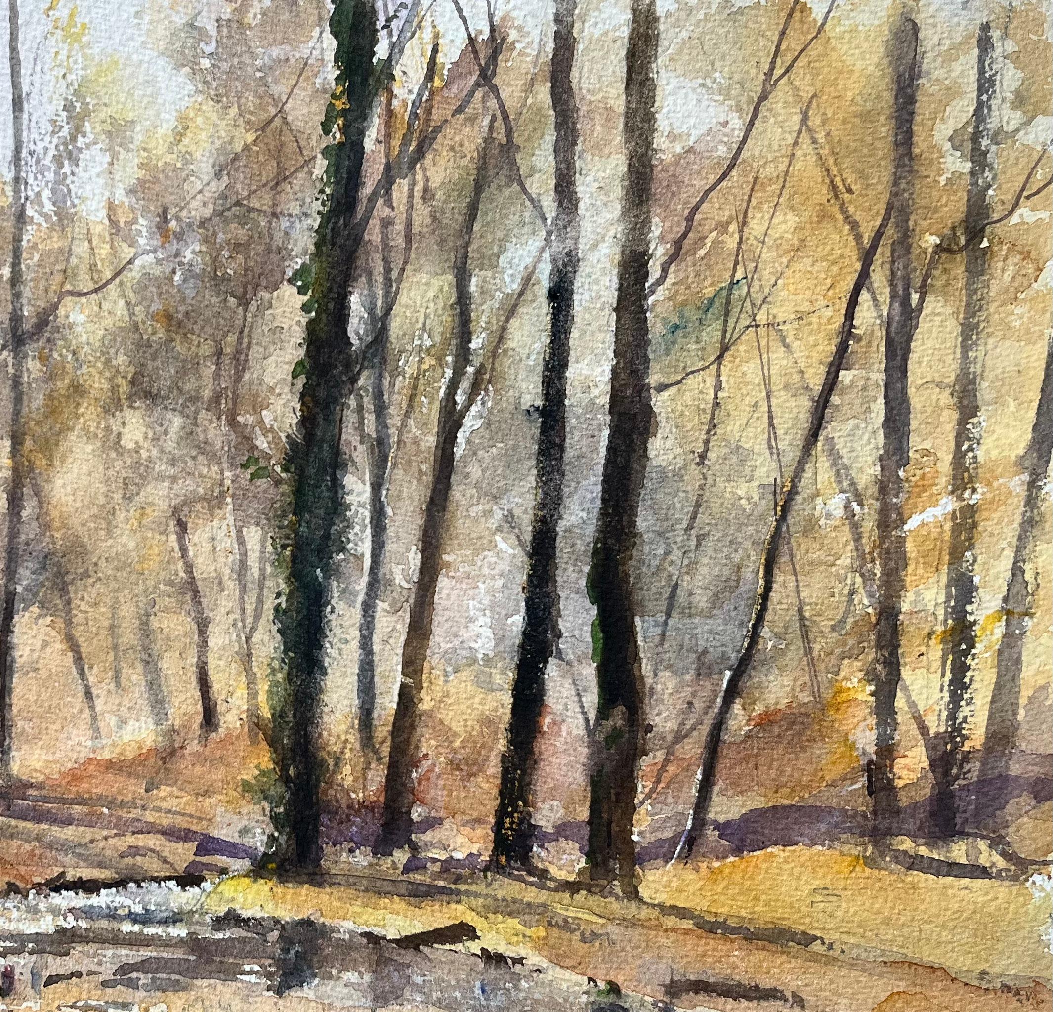 Titel: Britischer Impressionist - Aquarell eines Waldflusses mit Spiegelungen
Von Anthony Avery (Brite 1946-2023)
Original-Aquarell auf Künstlerpapier, ungerahmt
Abmessungen: 11,25 x 15,25 Zoll (Höhe x Breite)
Zustand: Gut, mit leichten