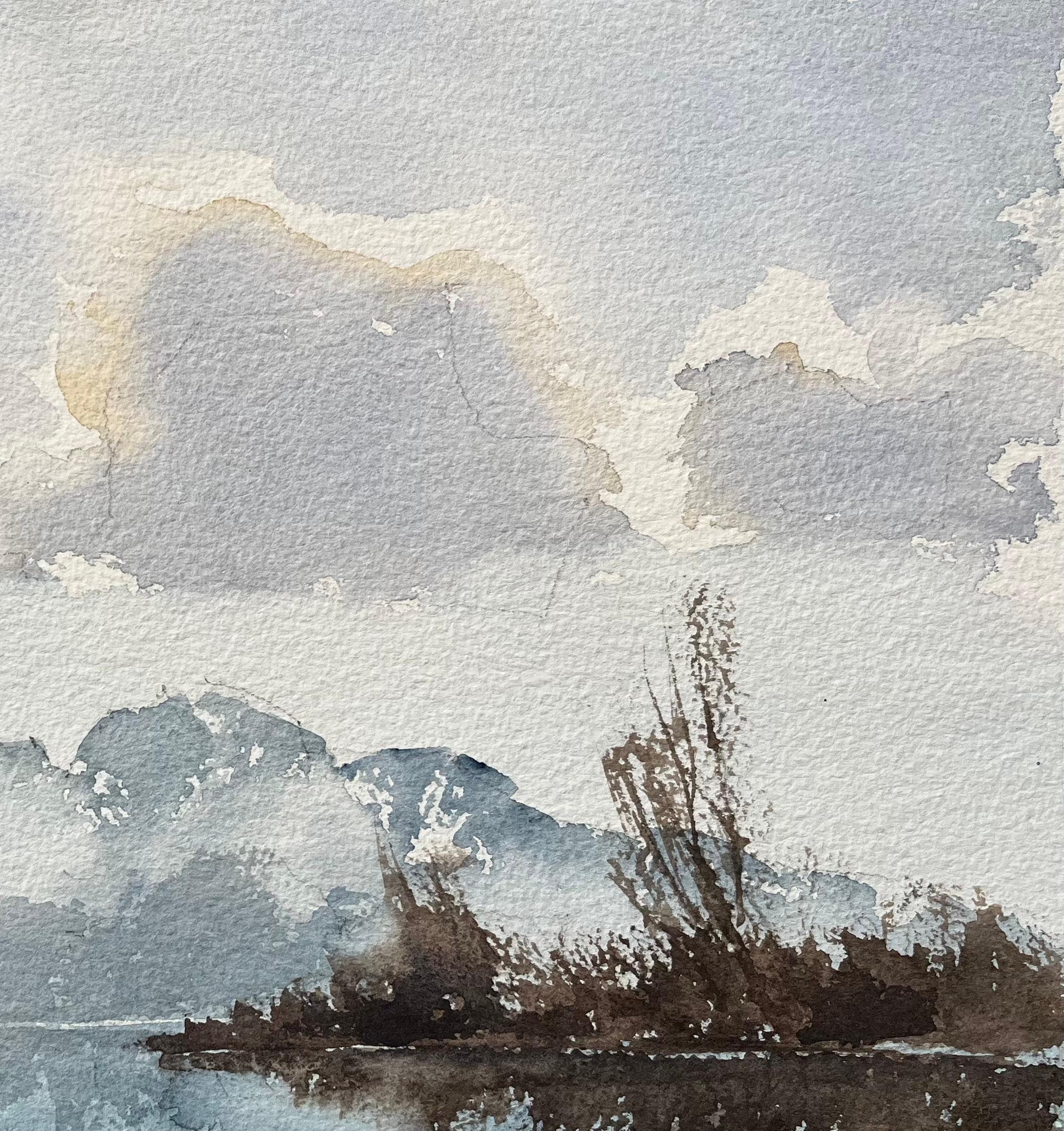 Britisches impressionistisches Aquarell einer Misty Riverside mit Kirchenschleife, British Impressionismus im Angebot 1