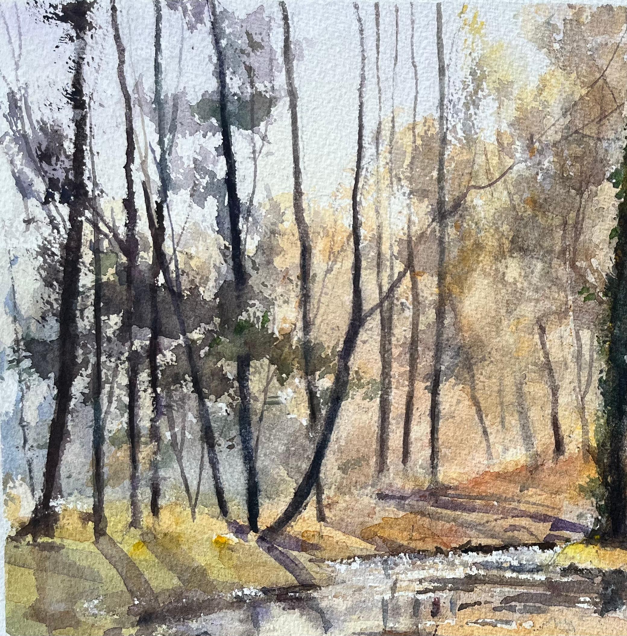 Britisches impressionistisches Aquarell einer Misty Riverside mit Kirchenschleife, British Impressionismus im Angebot 2