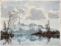 Aquarelle impressionniste britannique d'une rive de Misty avec une flèche d'église