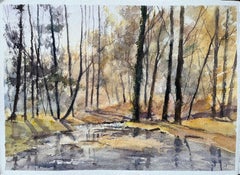 Britisches impressionistisches Aquarell einer Misty Riverside mit Kirchenschleife, British Impressionismus