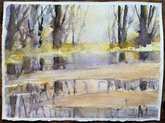 British Impressionist Watercolor of a Misty Woodland Scene with Lake Reflections