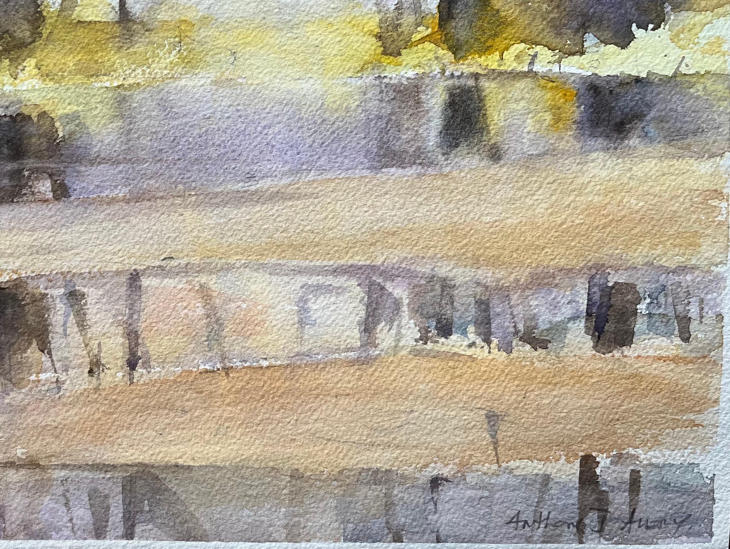 Britisches impressionistisches Aquarell einer Mischung aus Waldszene und Seestücken, British Impressionismus (Grau), Landscape Painting, von Anthony Avery