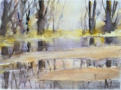 British Impressionist Watercolor of a Misty Woodland Scene with Lake Reflections