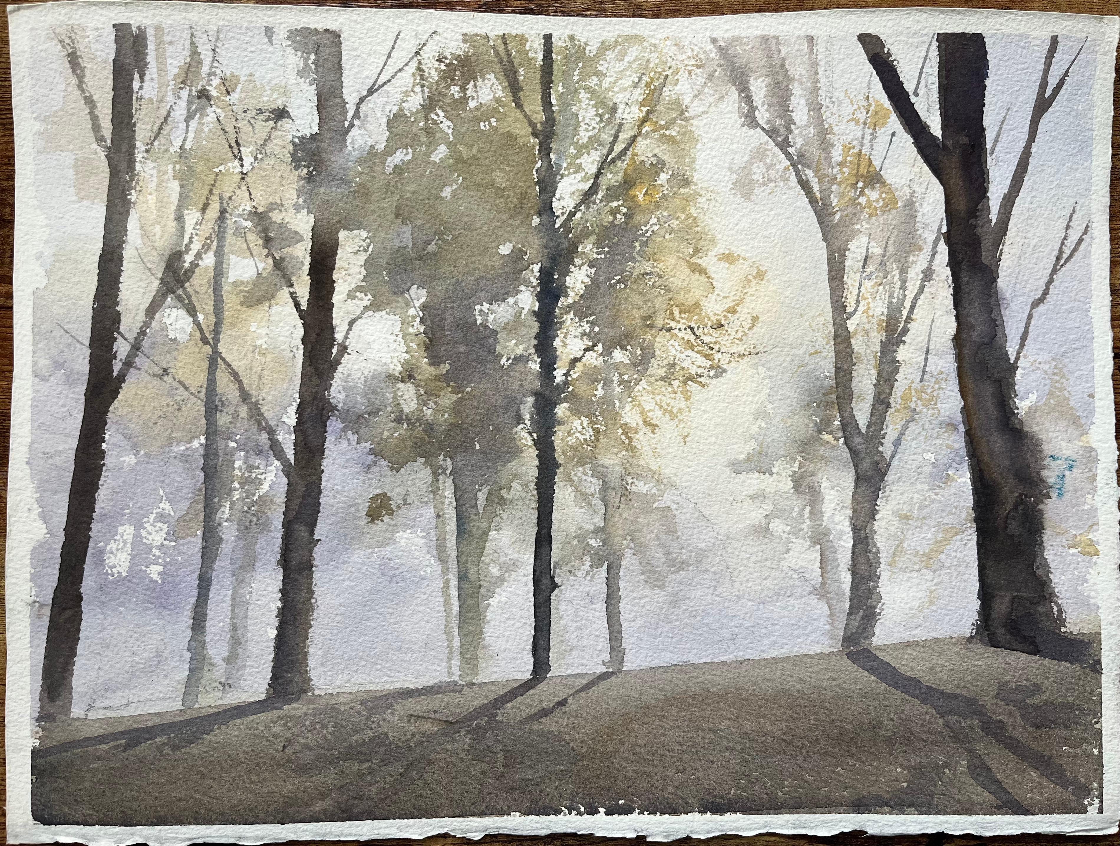 Acuarela impresionista británica de una escena de bosque brumoso con sombras - Painting de Anthony Avery