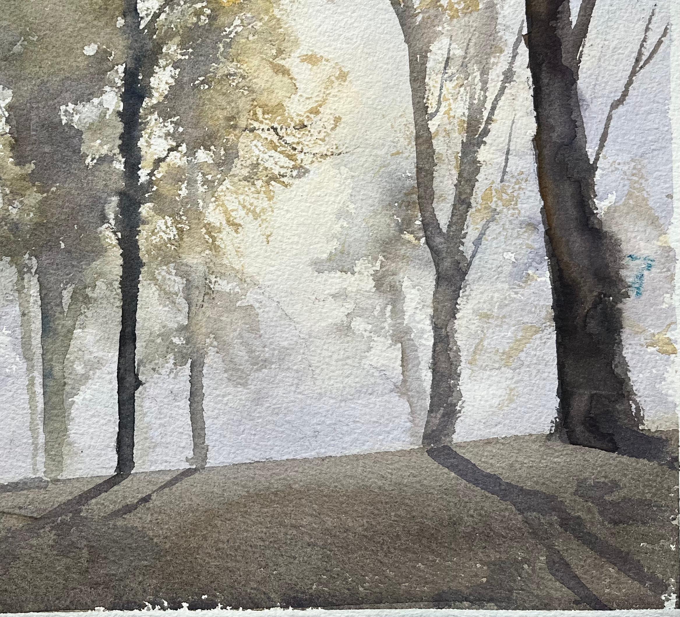 Acuarela impresionista británica de una escena de bosque brumoso con sombras - Painting Impresionista de Anthony Avery