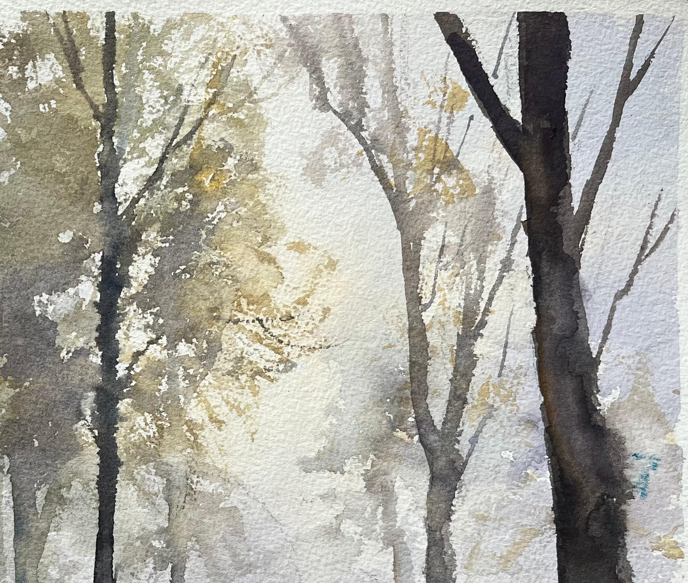 Acuarela impresionista británica de una escena de bosque brumoso con sombras - Landscape Painting Gris de Anthony Avery