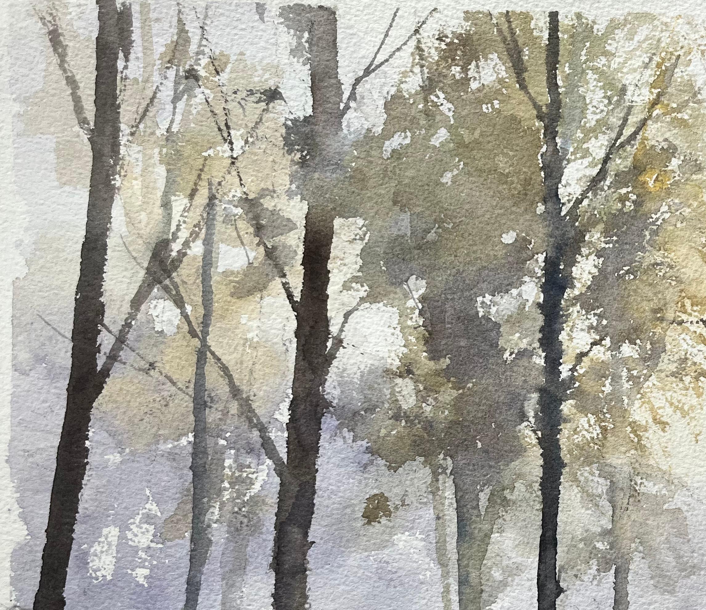 Acuarela impresionista británica de una escena de bosque brumoso con sombras en venta 1