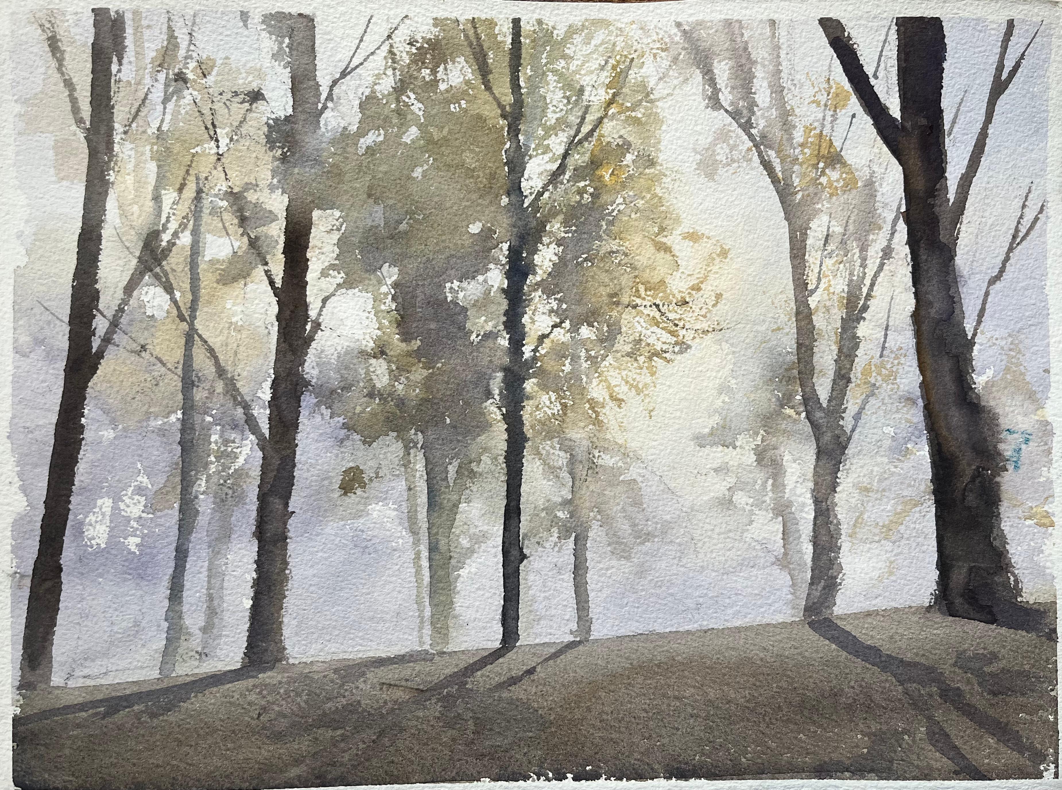 Landscape Painting de Anthony Avery - Acuarela impresionista británica de una escena de bosque brumoso con sombras