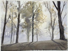Britisches impressionistisches Aquarell einer Mischholzszene mit Schatten, British Impressionismus