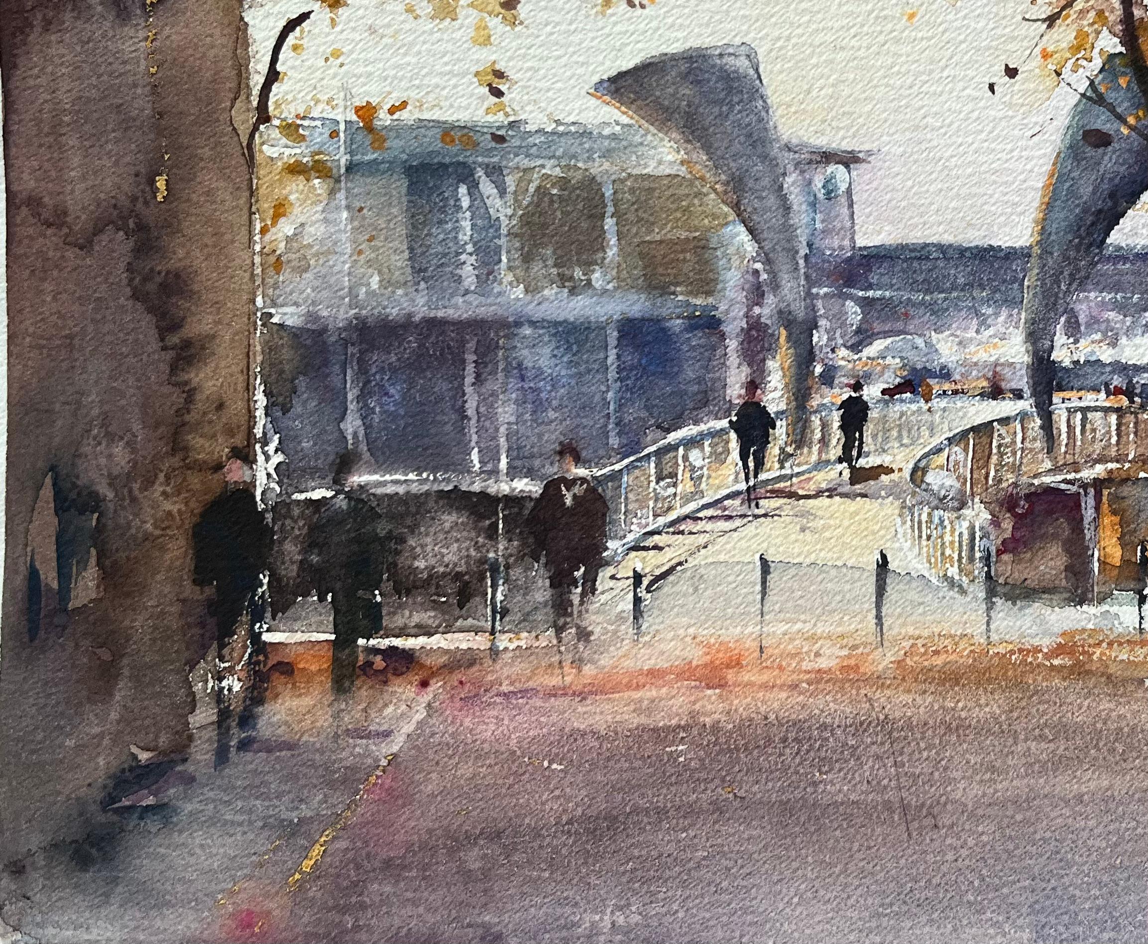 Título: Acuarela impresionista británica de un moderno puente peatonal en otoño
Por Anthony Avery (británico 1946-2023)
Acuarela original sobre papel de artista, sin enmarcar
Dimensiones: 11,25 x 15,25 pulgadas (Alto x Ancho)
Estado: Bueno, con