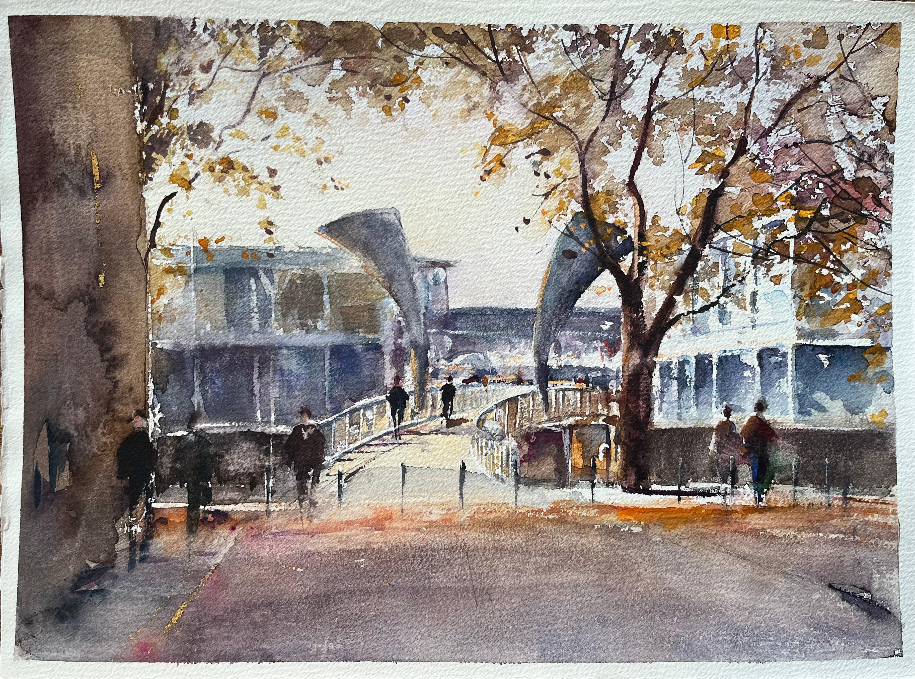 Landscape Painting de Anthony Avery - Acuarela impresionista británica de un moderno puente peatonal en otoño