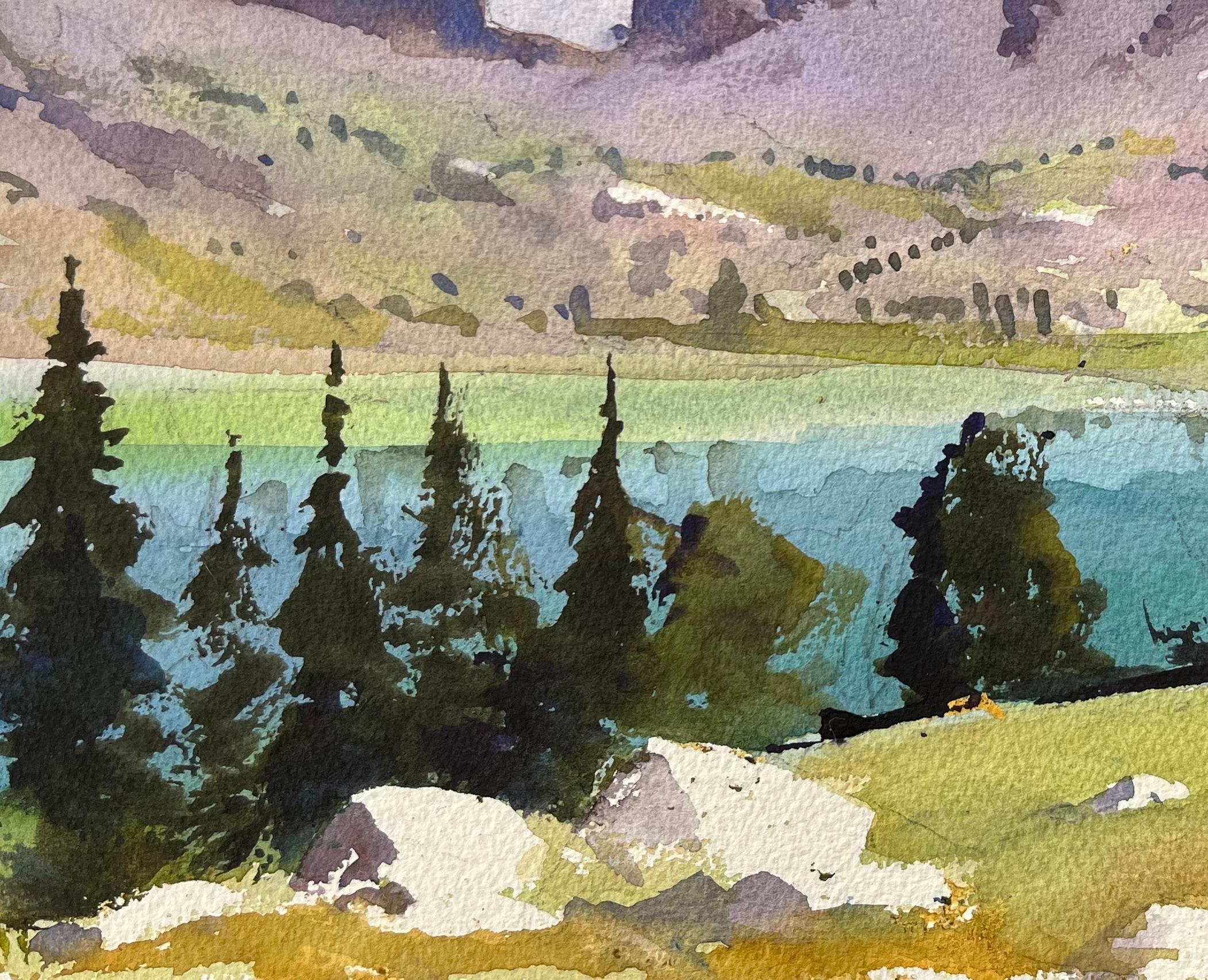 Acuarela Impresionista Británica de un Paisaje Montañoso Pinos y Lago - Landscape Painting Gris de Anthony Avery