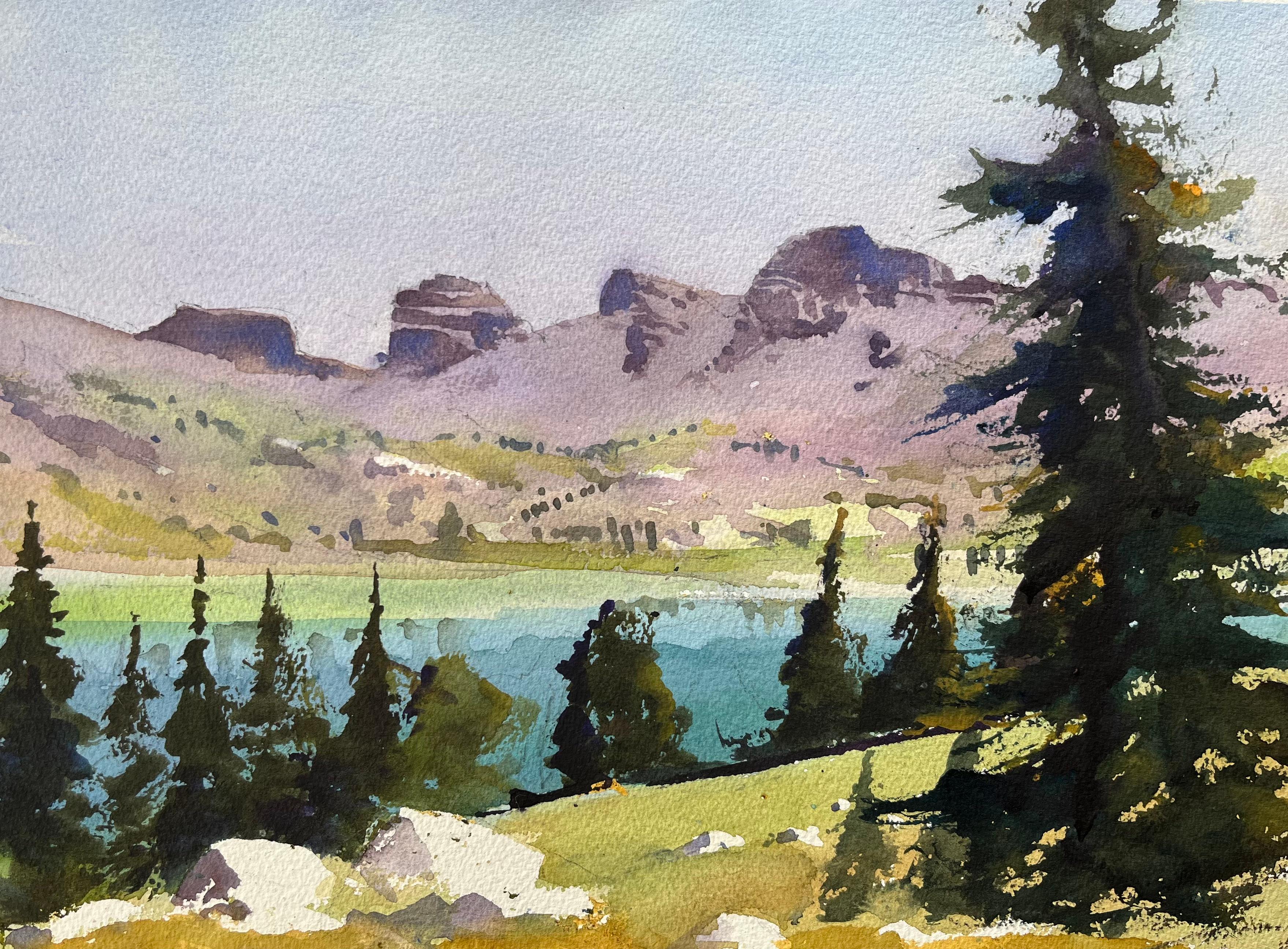 Landscape Painting de Anthony Avery - Acuarela Impresionista Británica de un Paisaje Montañoso Pinos y Lago
