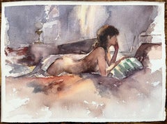 British Impressionist Watercolor of a Nude Reclining Woman in Quiet Reflection