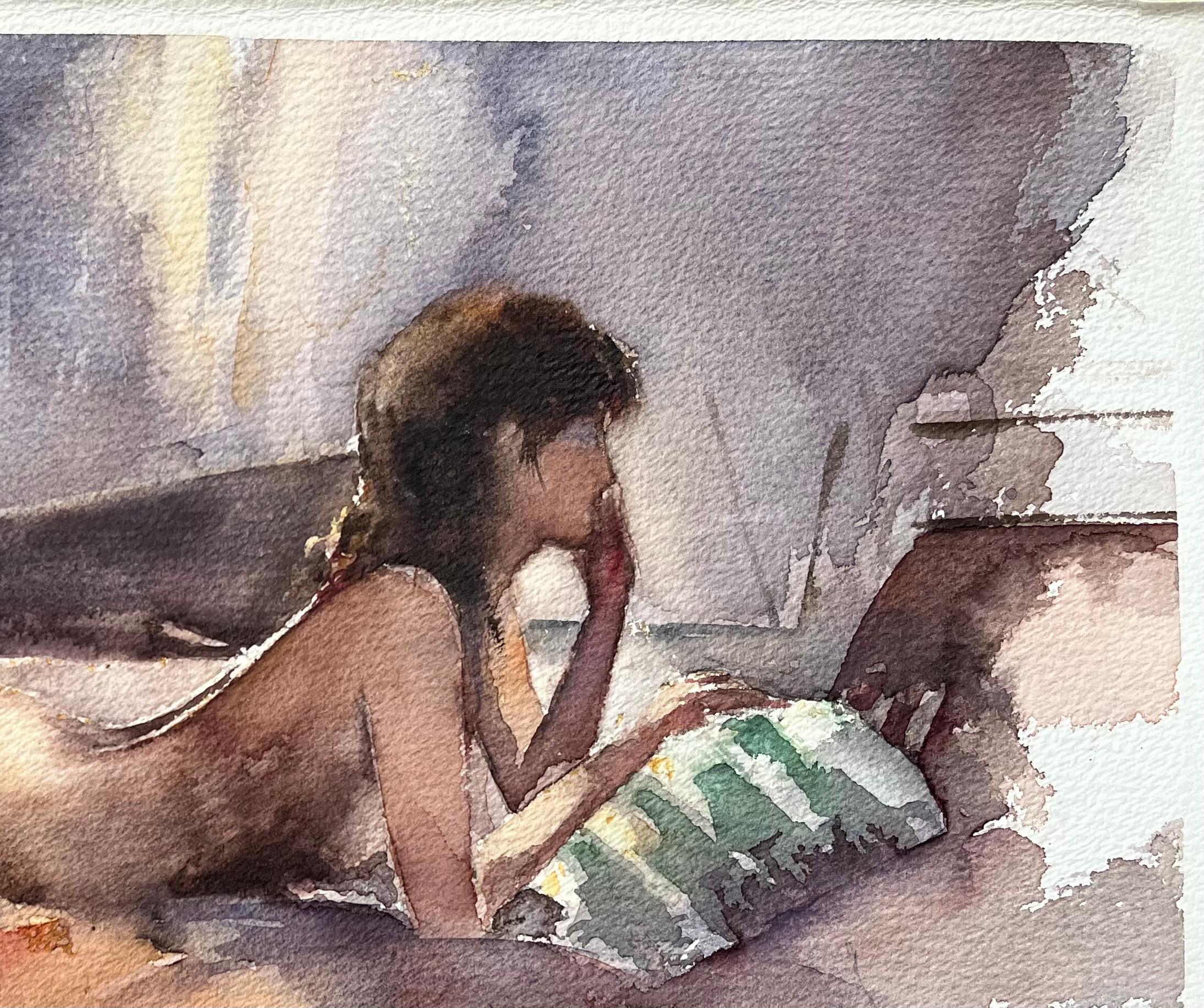 Britischer Impressionist Aquarell einer nackten, liegenden Frau in stiller Reflexion (Impressionismus), Painting, von Anthony Avery