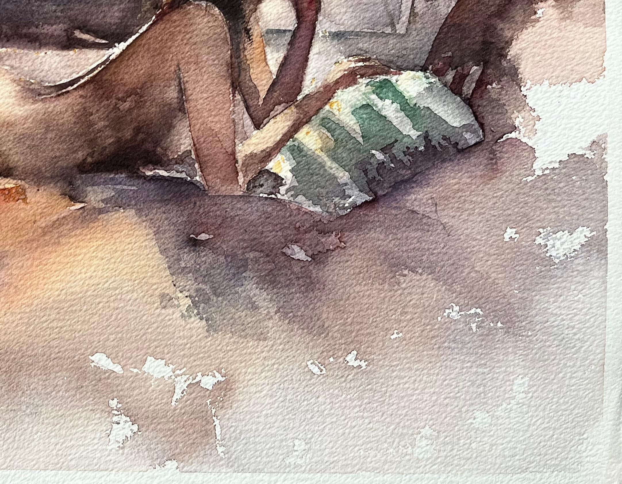 Britischer Impressionist Aquarell einer nackten, liegenden Frau in stiller Reflexion (Grau), Landscape Painting, von Anthony Avery