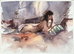 Aquarelle impressionniste britannique d'une femme nue allongée au regard tourné
