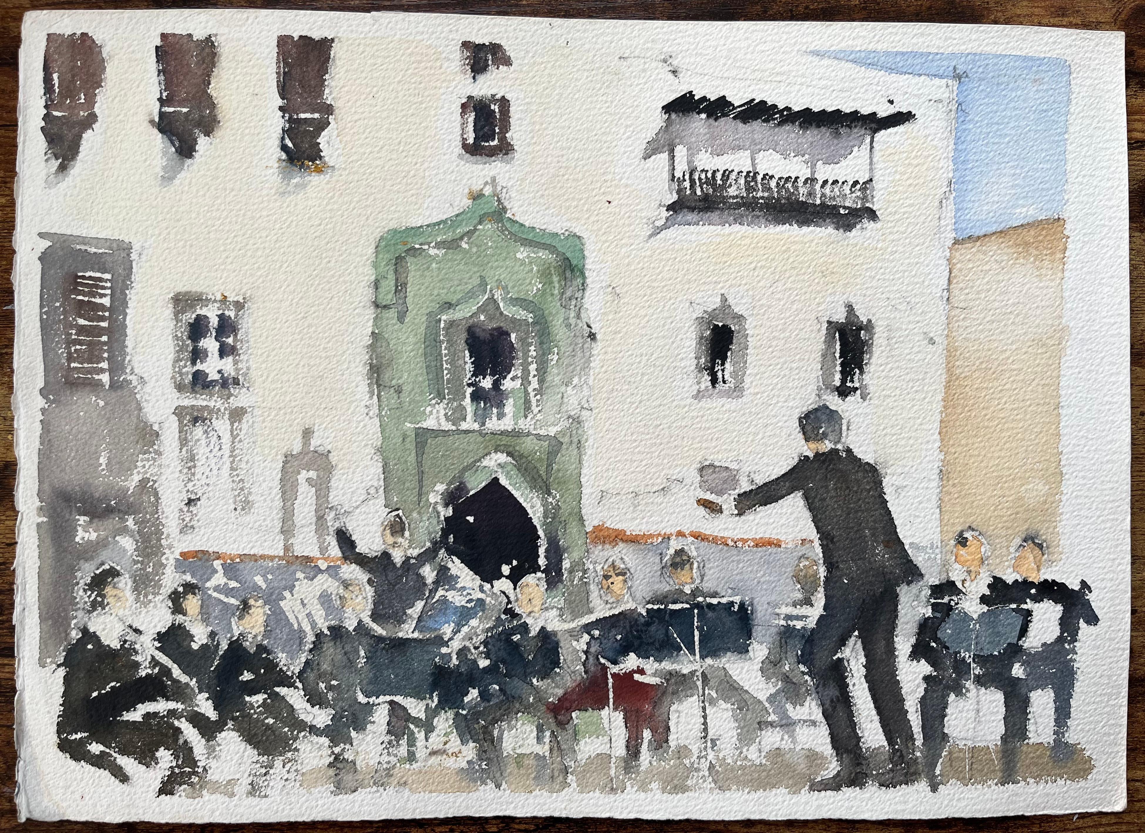 British Impressionist Watercolor of a Outdoor Concert in a Sunlit Square - Painting by Anthony Avery