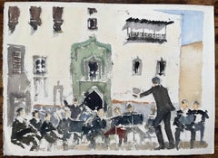 British Impressionist Watercolor of a Outdoor Concert in a Sunlit Square