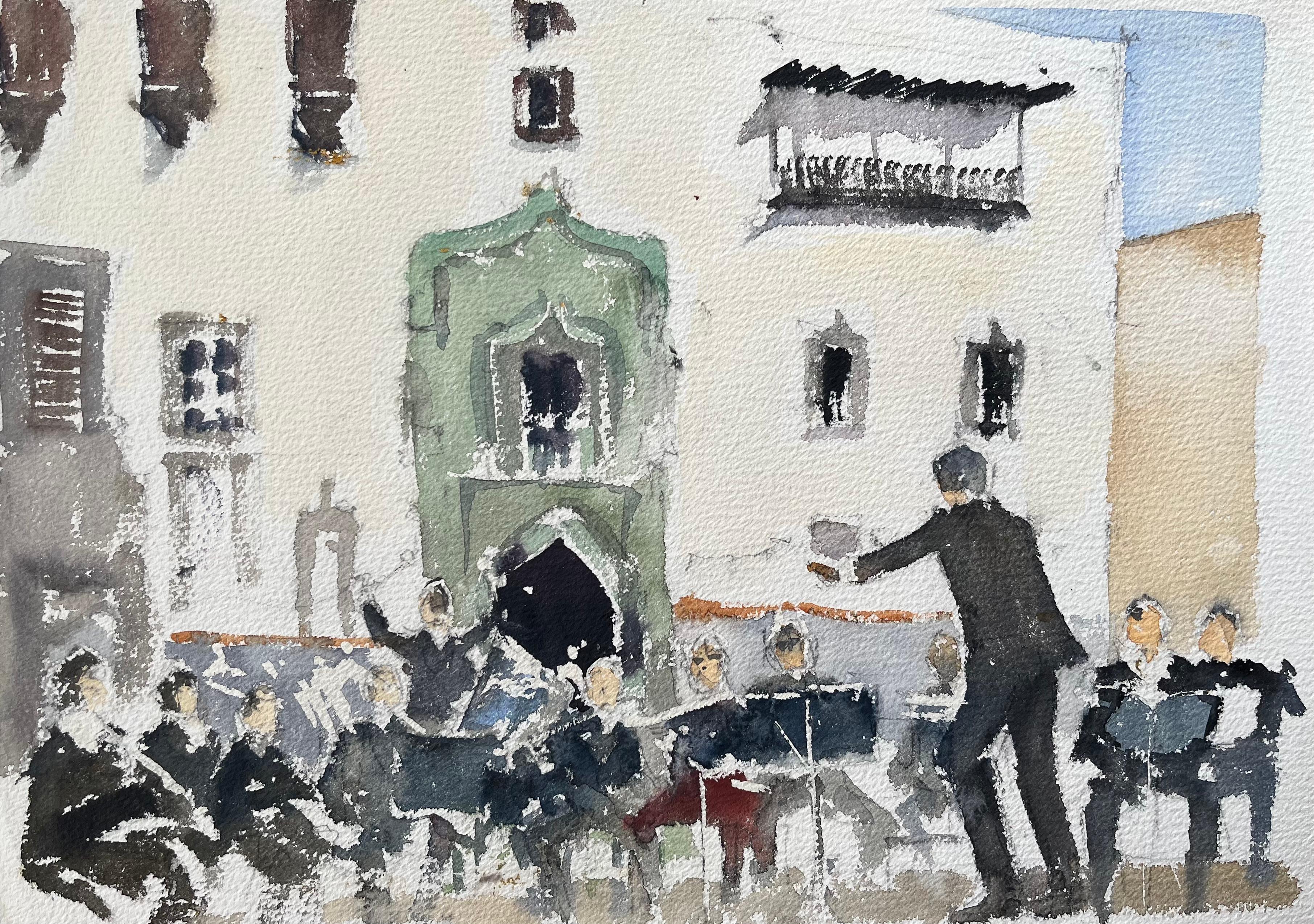 Anthony Avery Landscape Painting - British Impressionist Watercolor of a Outdoor Concert in a Sunlit Square