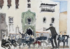 Aquarelle impressionniste britannique d'un concert en plein air sur une place éclairée