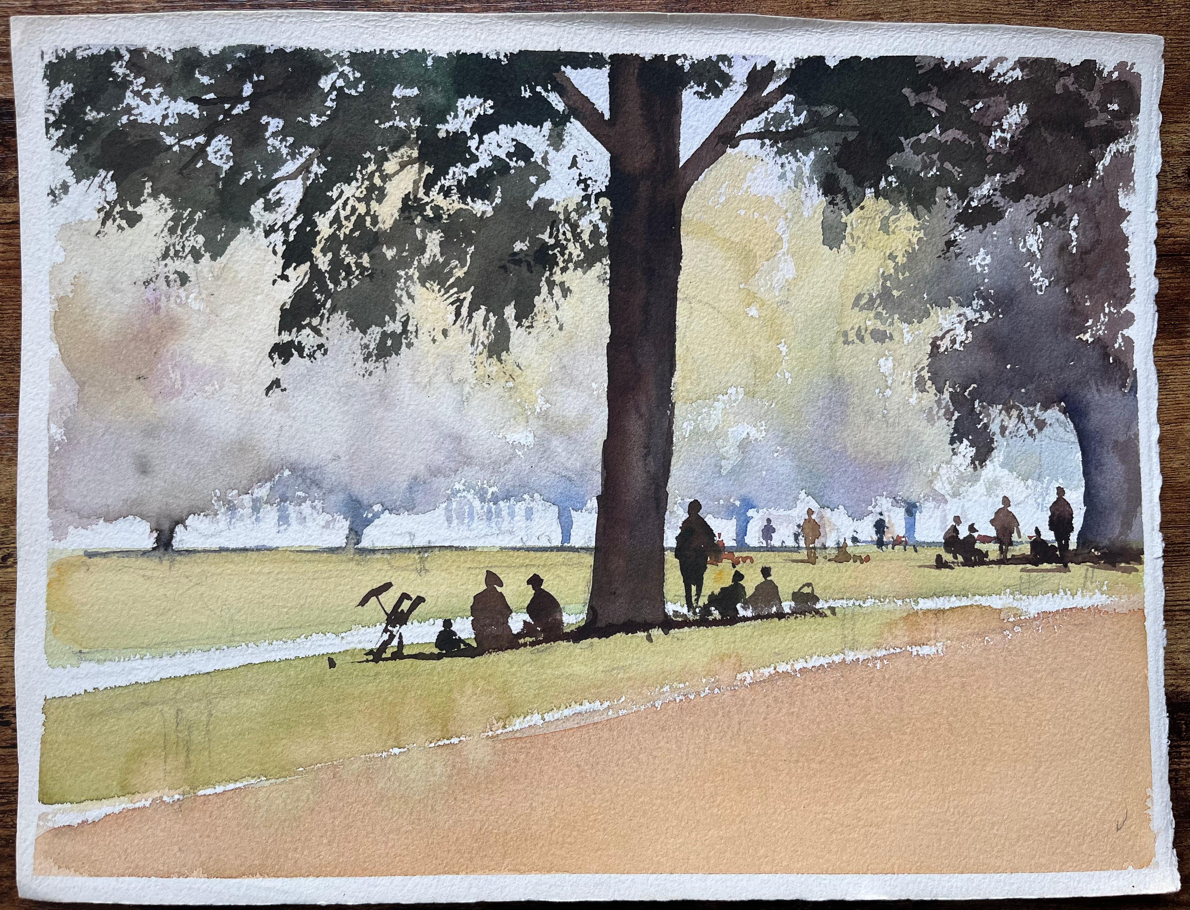 Acuarela impresionista británica de una escena de parque con figuras bajo los árboles - Painting de Anthony Avery