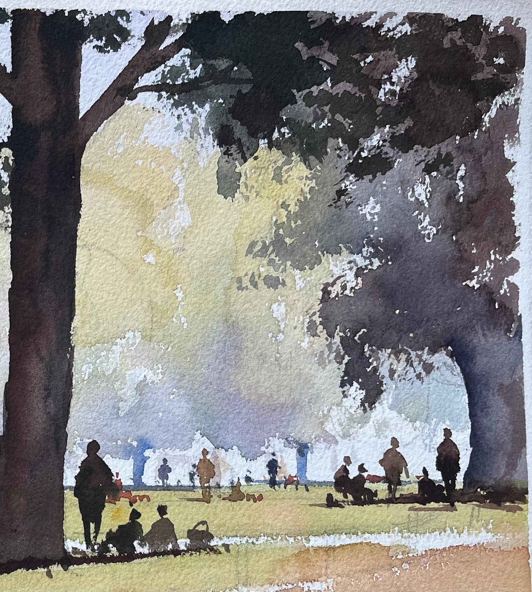 Acuarela impresionista británica de una escena de parque con figuras bajo los árboles - Painting Impresionista de Anthony Avery