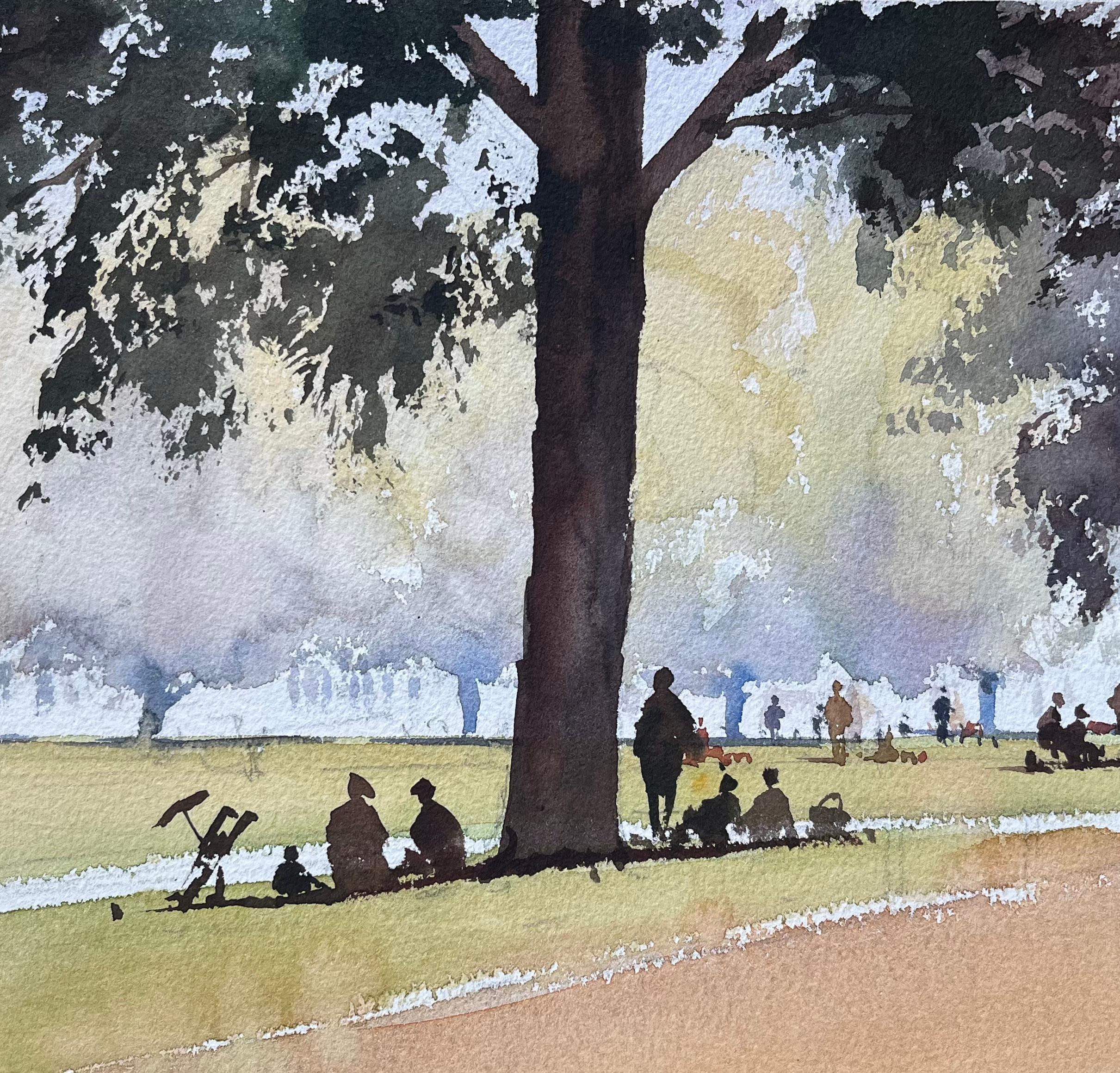 Acuarela impresionista británica de una escena de parque con figuras bajo los árboles en venta 2