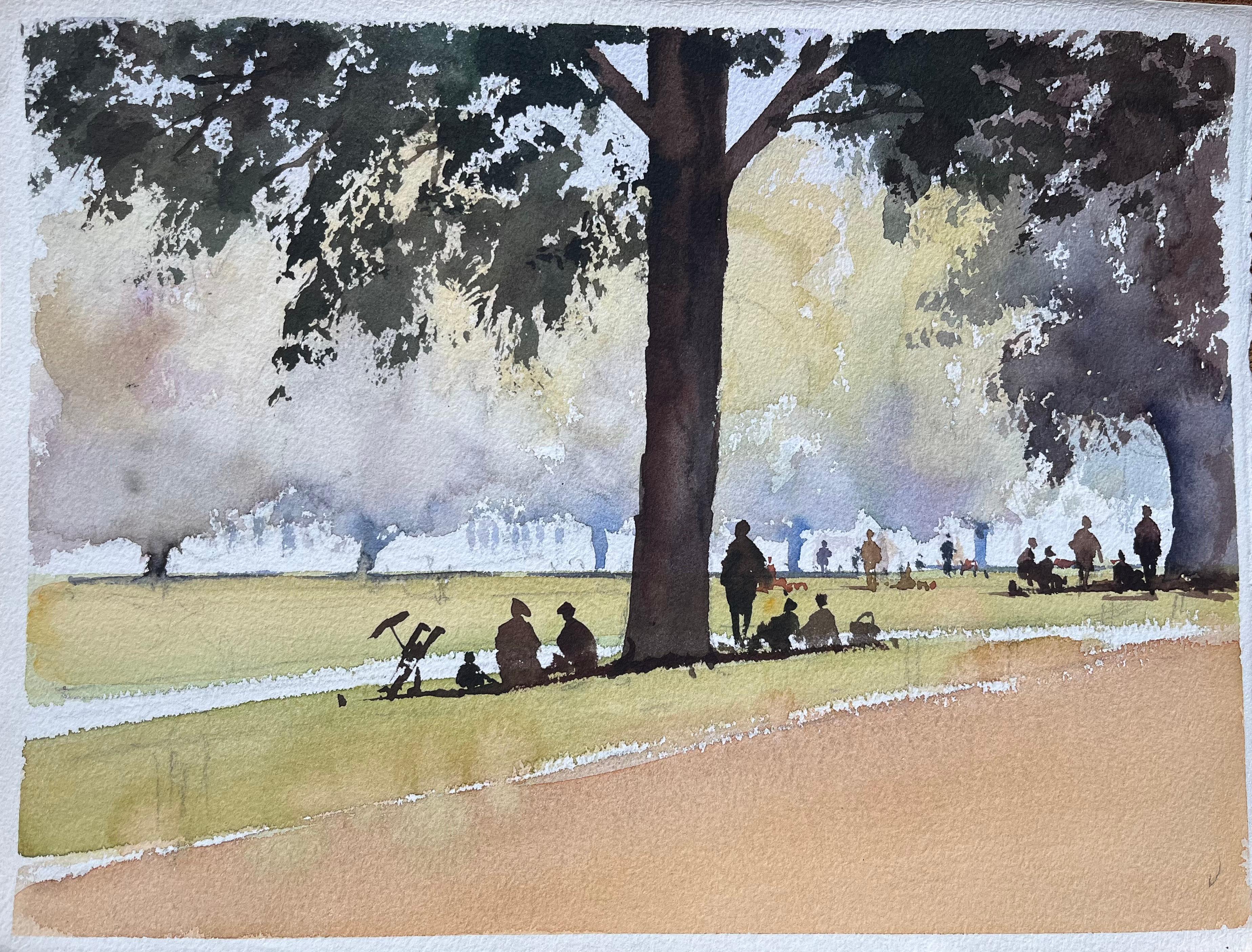 Landscape Painting de Anthony Avery - Acuarela impresionista británica de una escena de parque con figuras bajo los árboles