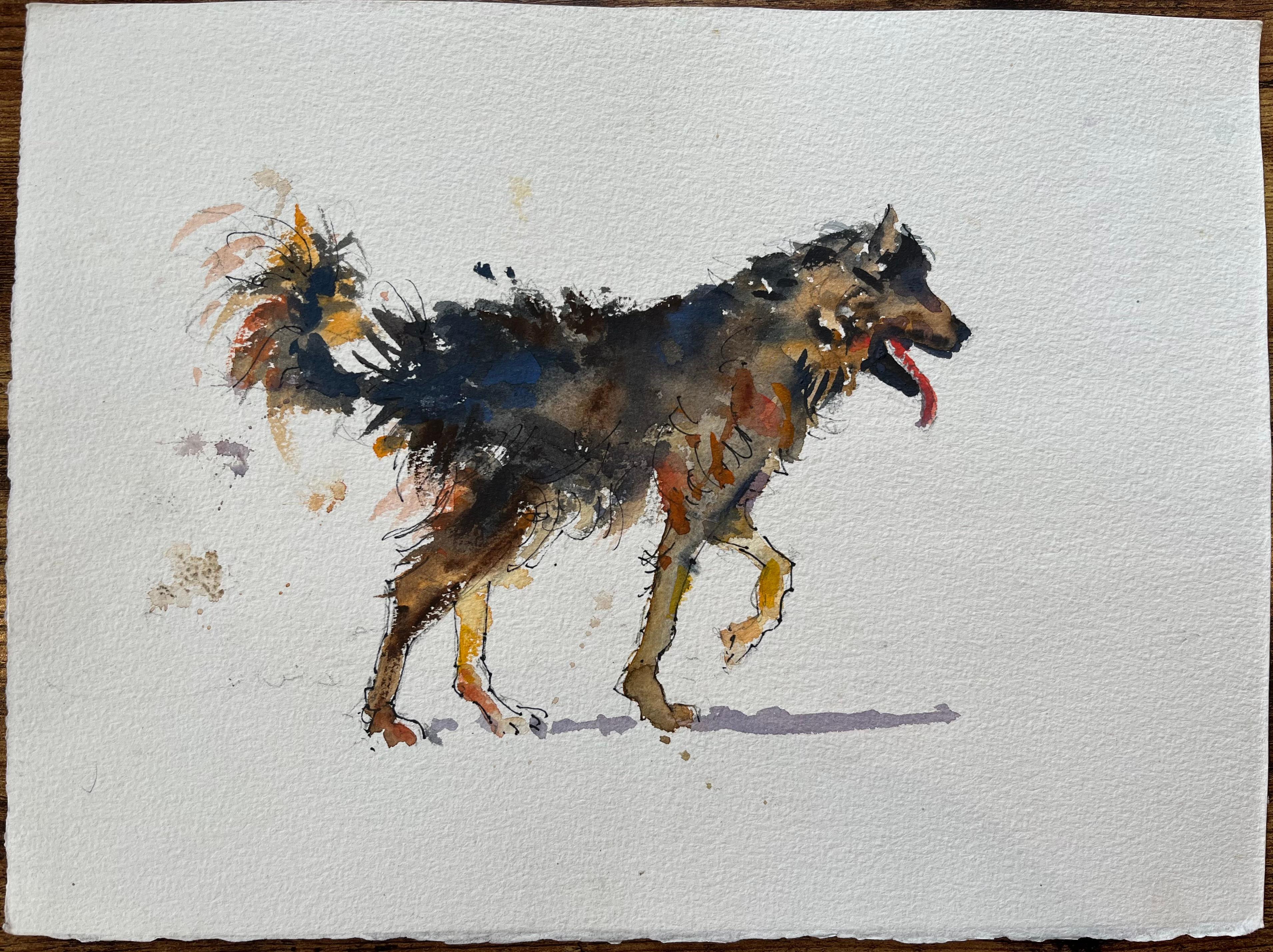 British Impressionist Watercolor of a Playful Canine in Motion - Painting by Anthony Avery