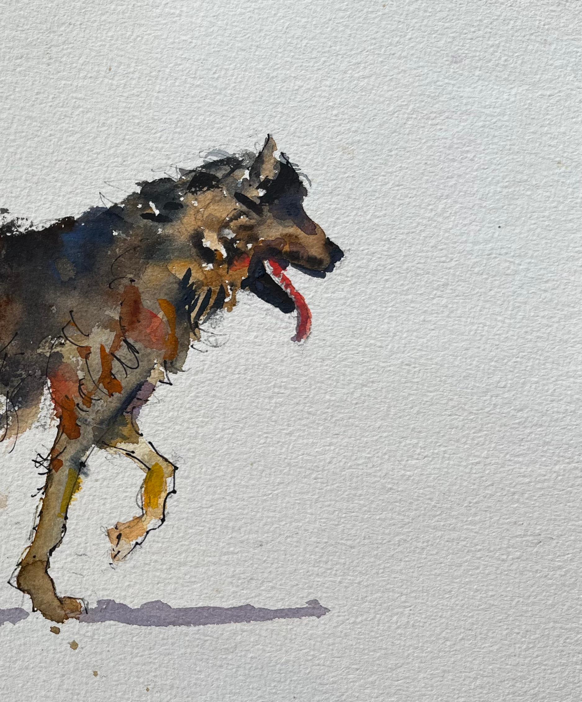 British Impressionist Watercolor of a Playful Canine in Motion - Gray Landscape Painting by Anthony Avery