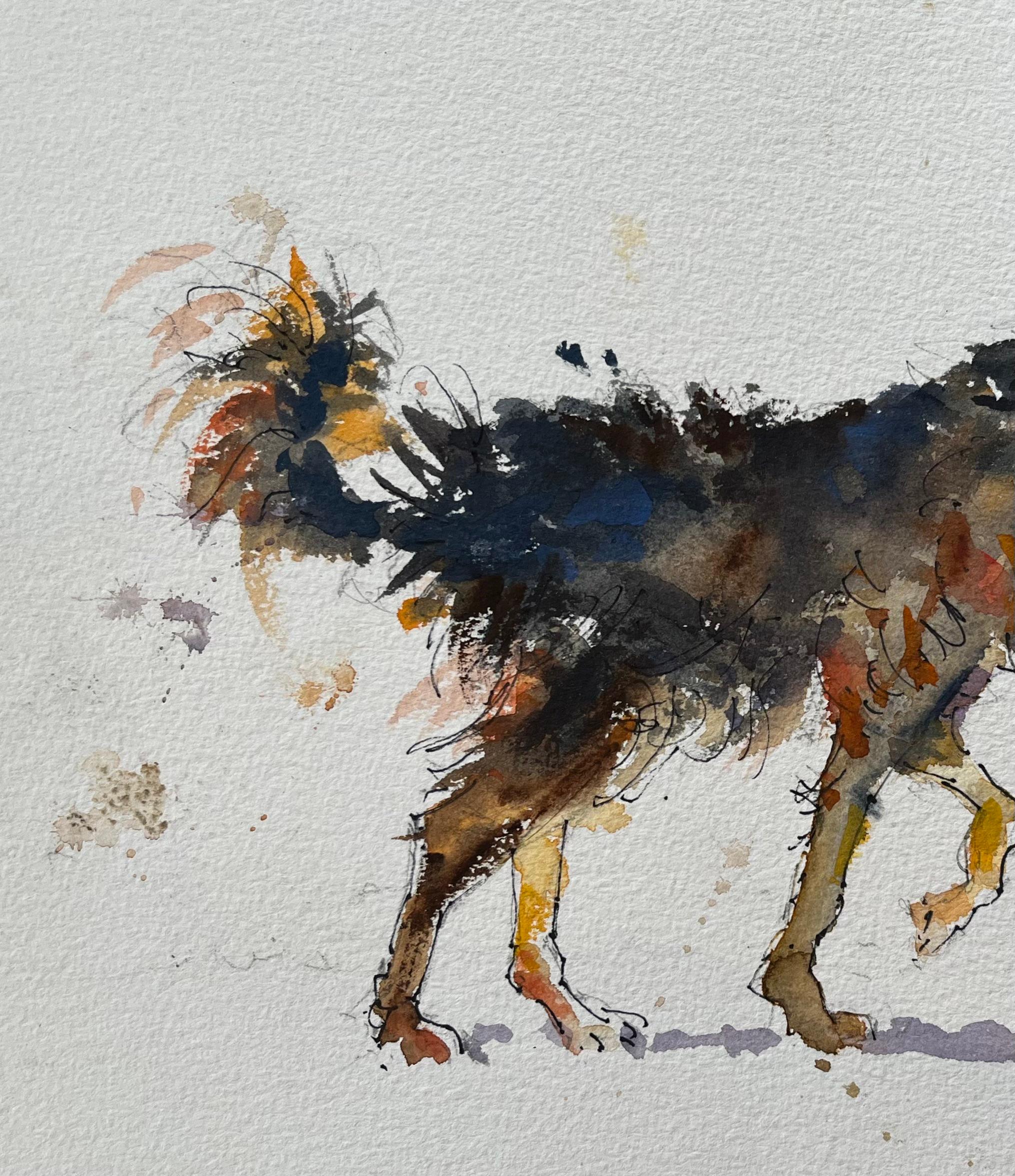 Title: British Impressionist Watercolor of a Playful Canine in Motion
by Anthony Avery (British 1946-2023)
Original watercolor on artists paper, unframed
Dimensions: 11 x 15.25 inches (Height x Width)
Condition: Good, with some minor signs of