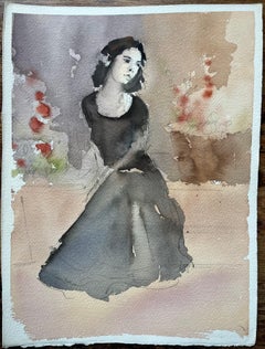Acquerello impressionista britannico di un ritratto di donna in abito nero