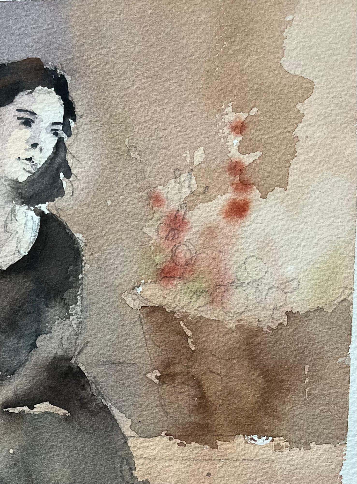 Britisches impressionistisches Aquarell einer Frau in einem schwarzen Kleid, Aquarell eines Porträts (Impressionismus), Painting, von Anthony Avery